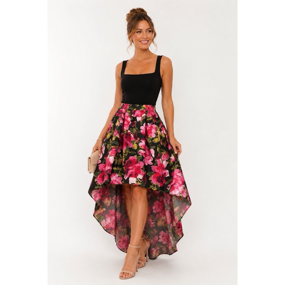 jodi kristopher High Lo Floral Formal Skirt Black Pink Lined Wedding Guest